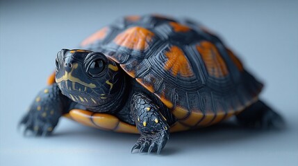 Close-up of a small turtle with orange and black shell, looking forward.
