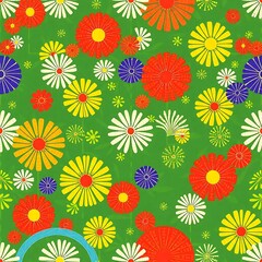 Vibrant Floral Meadow: A lively and colorful seamless pattern featuring a profusion of daisies in red, yellow, orange, white, and purple, set against a textured green background.