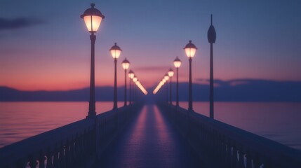 Obraz premium bridge at sunset, light bulb poles lining the path and reflecting on the calm sea, giving off a warm and inviting glow as night approaches