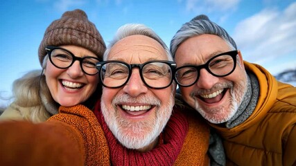 Happy seniors enjoying a joyful moment together, smiling in a bright outdoor setting.