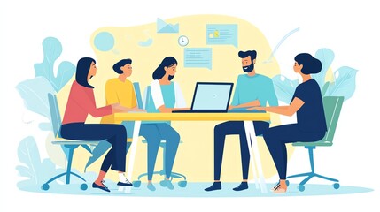 A group of four young professionals are gathered around a table, working on a project together.