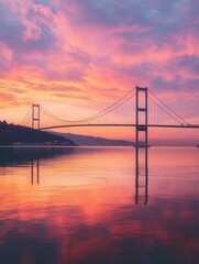 Obraz premium Bosphorus Strait at sunset, with the Istanbul Bridge elegantly crossing the water.