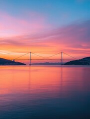 Bosphorus Strait at sunset, with the Istanbul Bridge elegantly crossing the water.