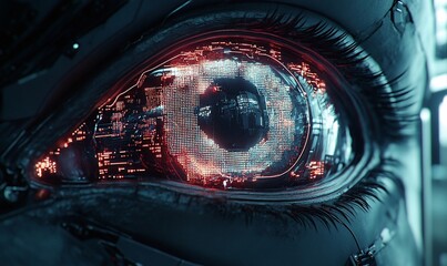 Close-up of a futuristic robotic eye with glowing red circuitry.