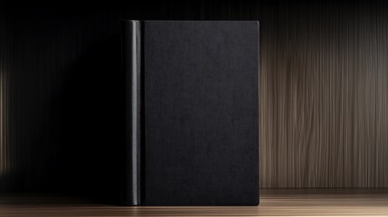 Simple plain black hardcover cover book mockup wooden wall background