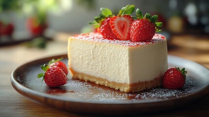 A piece of cheesecake with strawberry garnish on a blurred background