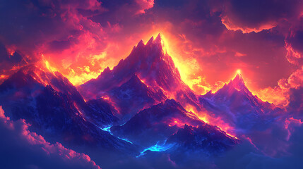 Obraz premium Fiery Peaks: A breathtaking digital art landscape of majestic mountains engulfed in vibrant flames and ethereal blue glows, creating a dramatic and surreal scene. 