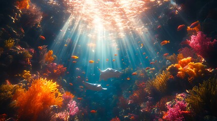 Sunbeams illuminate vibrant coral reef teeming with colorful fish.