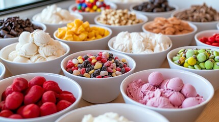 A colorful and delicious spread of toppings for ice cream.  The toppings include chocolate chips, sprinkles, fruit, and nuts.