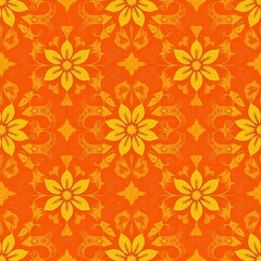 Vibrant Orange Floral Pattern: A seamless textile design featuring a bold orange background adorned with intricate golden-yellow floral motifs.