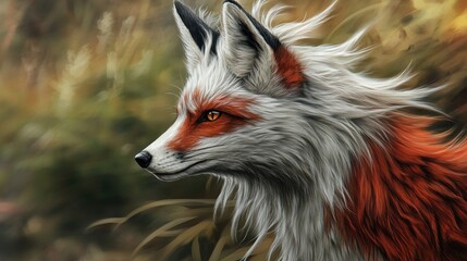 Obraz premium Majestic white and red fox portrait in profile, lush autumnal background.