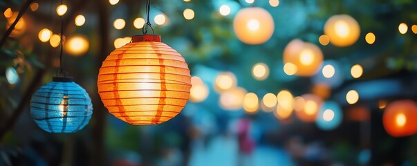 Fototapeta premium bokeh lights and party lanterns, blurred background of outdoor event, festive atmosphere, glowing lanterns, party celebration, vibrant lights, outdoor ambiance