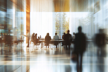 Blur office meeting blurred background with business people working group in boardroom discussion for teamwork brainstorming, executive seminar or professional training in small startup enterprise
