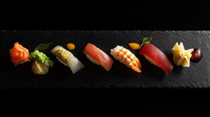 A beautifully arranged sushi platter featuring nigiri, sashimi, and maki rolls, served on a black slate plate with wasabi, pickled ginger, and soy sauce.