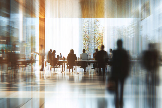 Blur office meeting blurred background with business people working group in boardroom discussion for teamwork brainstorming, executive seminar or professional training in small startup enterprise
