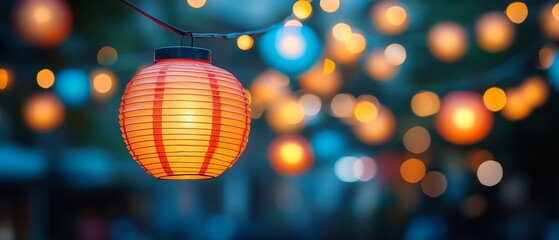 Obraz premium party lanterns glowing with bokeh lights, blurred background of outdoor event, festive celebration, vibrant bokeh, celebration lights, outdoor party mood