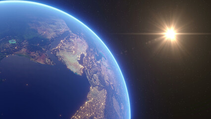 a planet earth with the sun shining  3d render