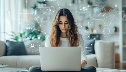 woman at home using a laptop, API application programming interface, artificial intelligence AI tools in business, software development, remote work, business tech support
