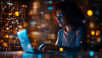 woman with a laptop at home, software development tools, API interface, artificial intelligence AI support for business, business tech solutions, remote work environment