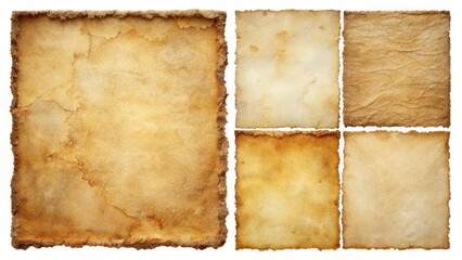 Set of vintage parchment sheets with aged stains and grunge textures, isolated on a clean background.