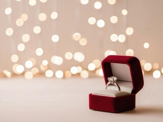 Sparkling Diamond Engagement Ring in Red Box Festive Lights Background