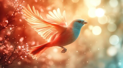 Obraz premium A vibrant blue and orange bird in flight, wings outstretched amidst a bokeh background of blooming branches.