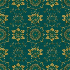 Golden Floral Pattern on Teal Background: A seamless pattern of intricate golden floral motifs on a deep teal background. The design evokes a sense of luxury and tradition.