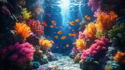 Obraz premium Vibrant coral reef, colorful fish, sunlit ocean.