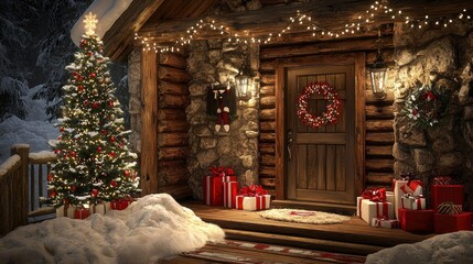 Cozy Christmas Cabin Entrance with Decorated Tree and Presents