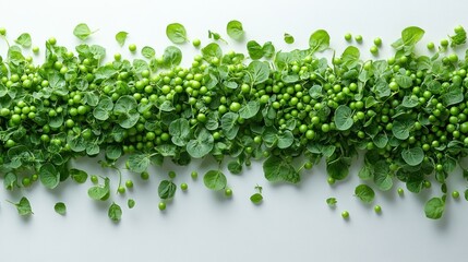 Fresh green peas and leaves arranged in a line on white background.