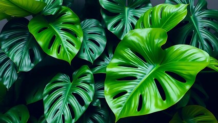 Obraz premium Dark green monstera leaves with light green veins, perfect for nature backgrounds, tropical designs, botanical illustrations, or ecofriendly concepts.
