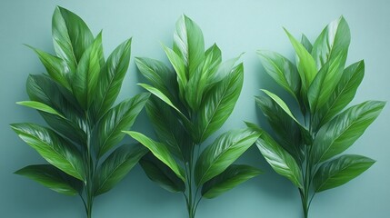 Fototapeta premium Three lush green plants on teal background.