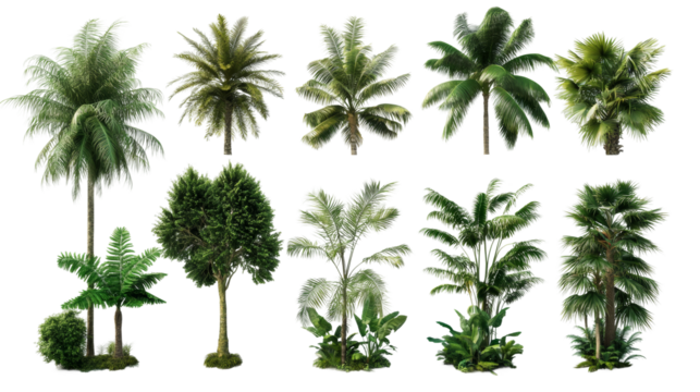 Diverse tropical trees collection with transparency background for nature designs isolated in studio environment