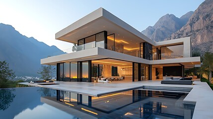 Modern luxury house with infinity pool and mountain view at sunset.