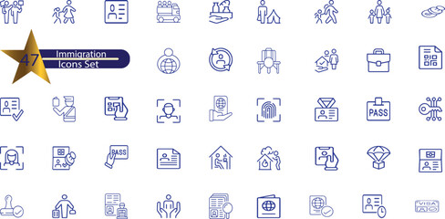 Set of 45 outline icons related to immigration.