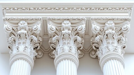 Obraz premium Three ornate white columns with intricate capitals and entablature.