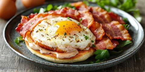 Fried egg with crispy bacon on a pancake, garnished with fresh herbs, served on a plate.