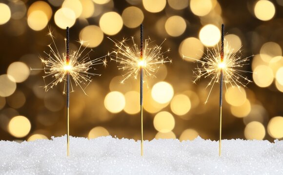The dazzling fireworks light up the snow, casting a warm hue amidst the blurred lights in a dark setting.