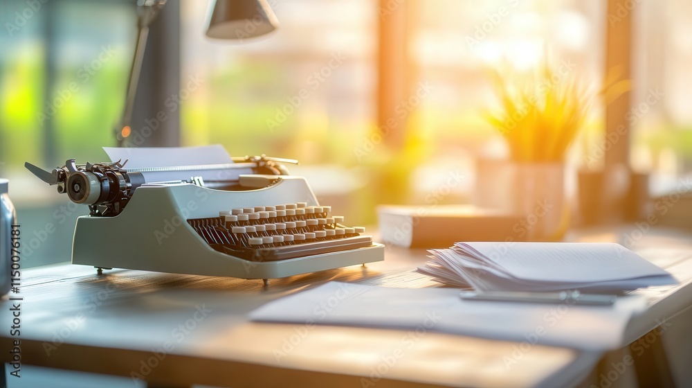 Fototapete calm and inviting 4K photo of a typewriter on a table with sheets of paper beside it.