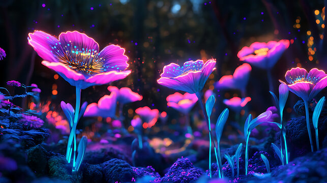 Glowing Forest Flowers: A surreal and mesmerizing scene where vibrant, neon pink flowers bloom with a mystical glow in a dark, enchanted forest. The glowing petals illuminate the surrounding foliage.