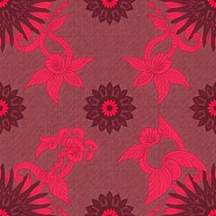 CrimsonFloralTextile:A rich, seamless pattern of vibrant crimson and maroon flowers and intricate vines on a textured background. Perfect for fashion, home decor, and textile design. 