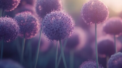 close-up of blooming allium flowers, showcasing the intricate layers of their round, purple blossoms set against soft greenery