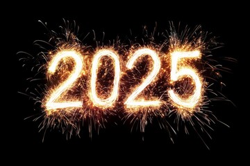 Firework illumination over a dark sky background, symbolizing Happy New Year 2025. The text "Sparkler 2025" is displayed in brilliant colors through fireworks. Enhancing the scene, a firework overlay