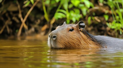 Fototapeta premium A serene image of a Capybara resting by the edge of a river, its furry body partially submerged in the water as it enjoys a peaceful moment