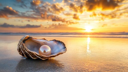 A single pearl nestled inside an open oyster shell on a beach at sunset with golden light reflecting on the water