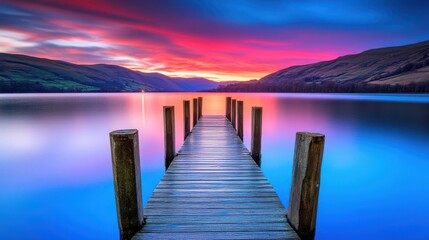 Fototapeta premium A tranquil lake at sunset, with a small wooden dock and mountains in the distance