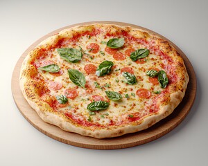 National Pizza Day Delicious Pepperoni Pizza with Basil on Wooden Board