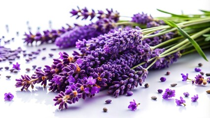 Fototapeta premium Fresh Lavender Flowers, Purple Blossoms, Isolated White Background Product Photography