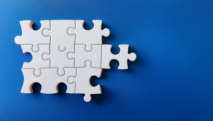 Puzzle pieces - Last piece of white puzzle ready to complete the mission on blue background