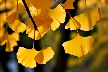 Obraz premium 19 leaves from a ginkgo tree fan shaped ginkgo leaves drifting d